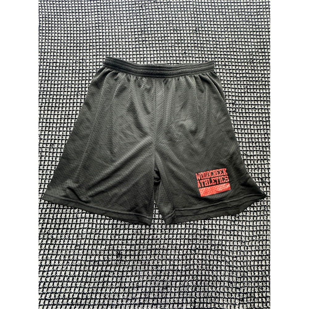 KM Mesh Athletic Shorts Mens L Black Woodcreek Athletics Graphic
